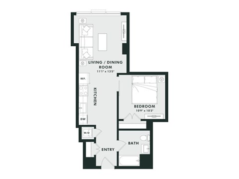 Floor plan for 1 bed, 1 bath, 587 sqft
